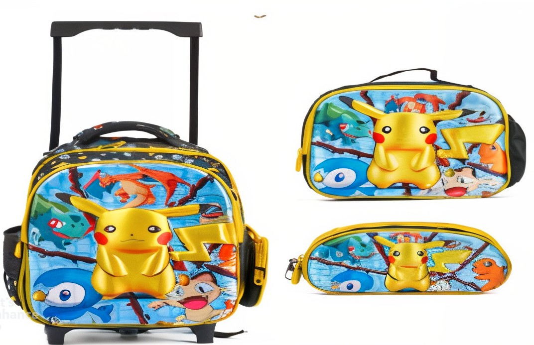 Pokémon 3-Piece Kids’ School Trolley Backpack Set 14" with Matching Insulated Lunch Bag & Pencil Case – Durable Rolling Bag with Extendable Handle