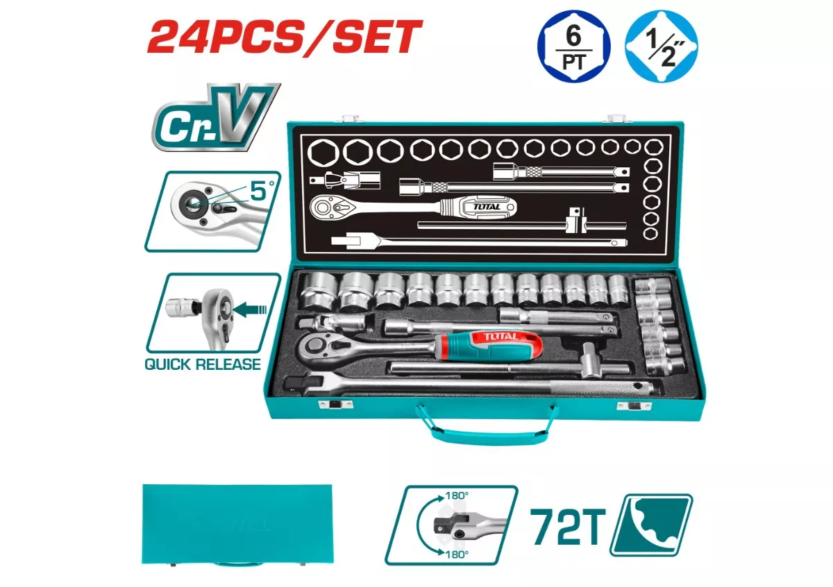 Total 24 PCS , TOTAL THT121242 Tool Set 1/2″ 24 Pieces, socket set Total 24 PCS , TOTAL THT121242 Tool Set 1/2″ 24 Pieces, socket set