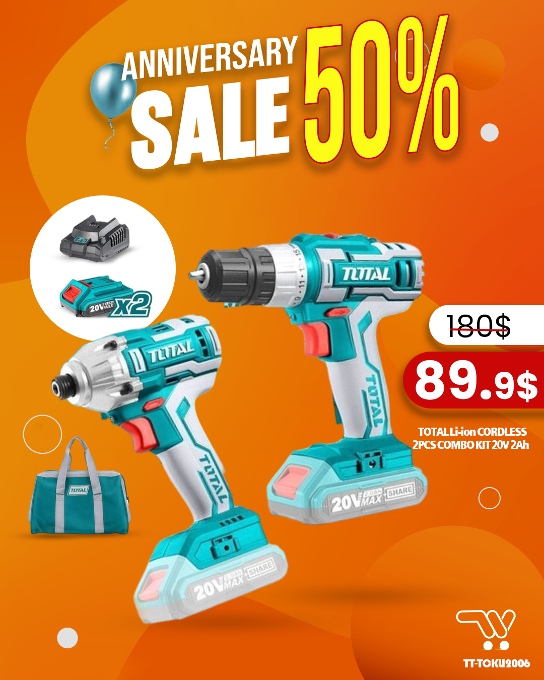 TOTAL Li-ion CORDLESS 2PCS COMBO KIT 20V  2Ah