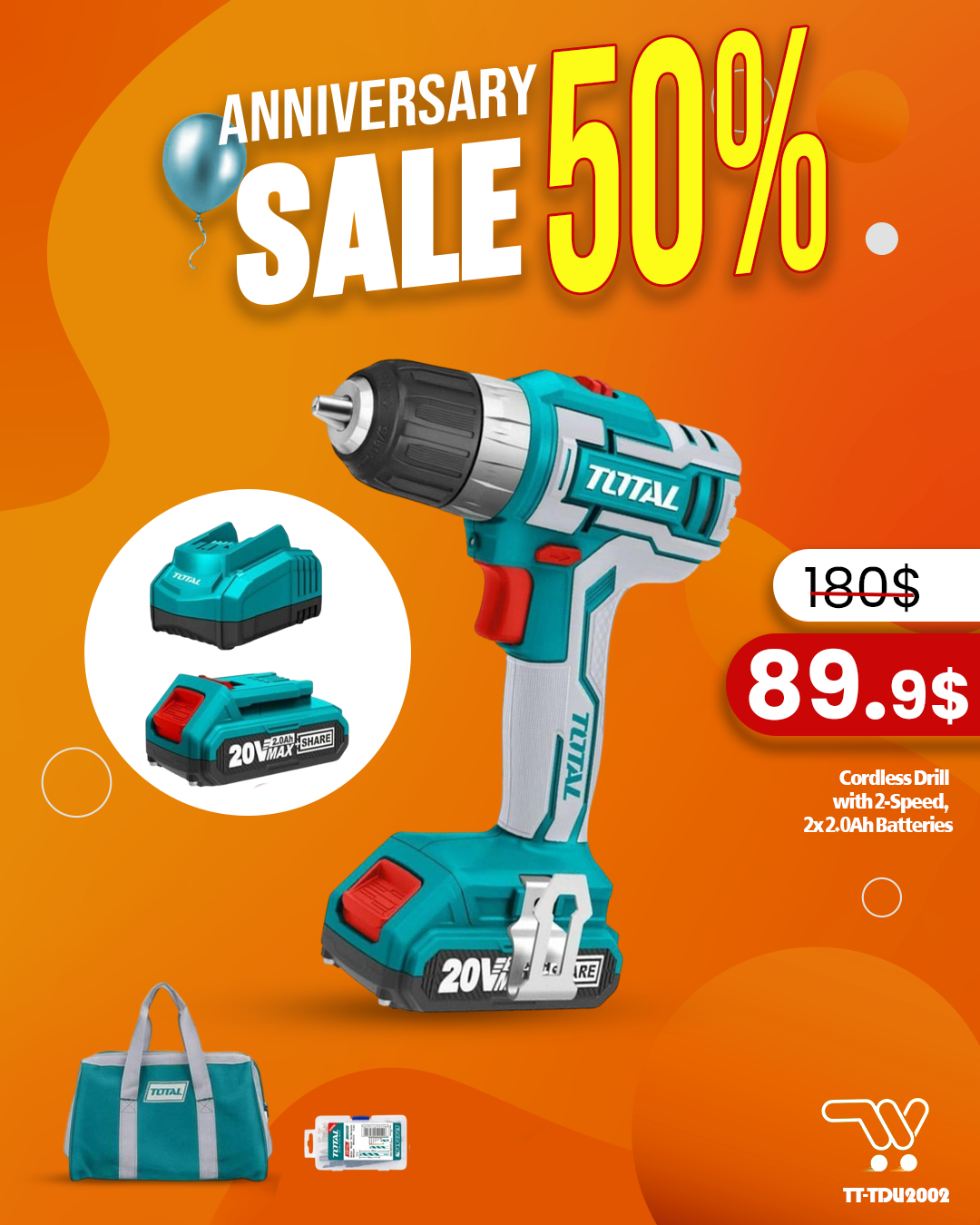 Cordless Drill TDLI2002 20V with 2-Speed Gear, 45Nm Max Torque, Auto-Lock Keyless Chuck, LED Work Light, 2x 2.0Ah Batteries, 47-Piece Accessory Kit & Charger