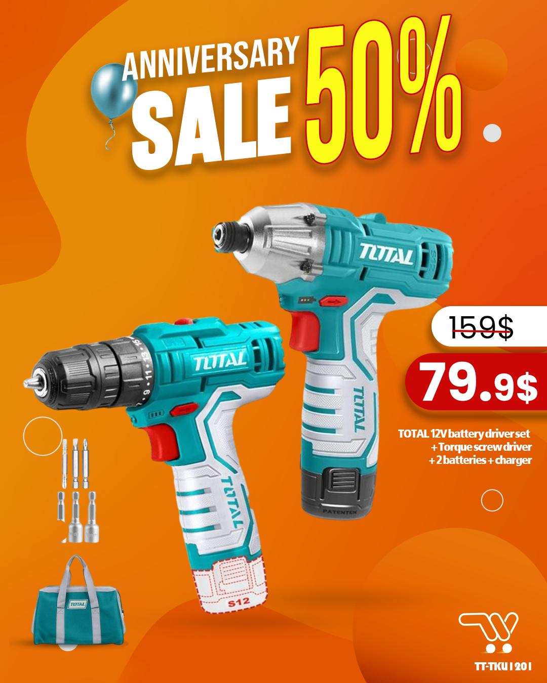 TOTAL 12V battery driver set + Torque screw driver + 2 batteries + charger