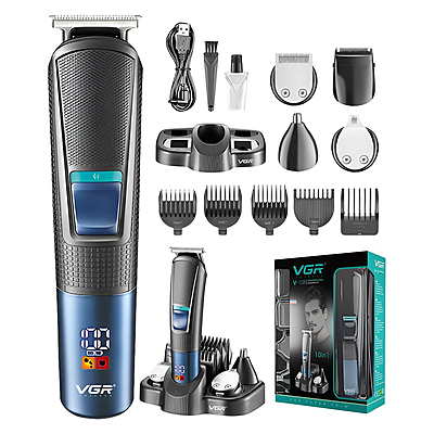VGR V-108 Professional 10-in-1 Grooming Kit with LED Display – All-in-One Trimmer for Men (Black/Blue)