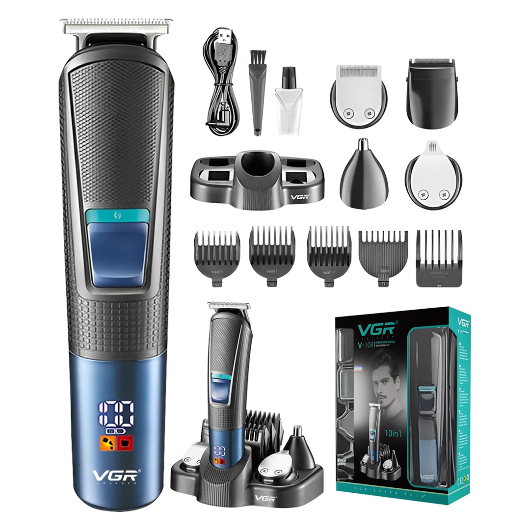 VGR V-108 Professional 10-in-1 Grooming Kit with LED Display – All-in-One Trimmer for Men (Black/Blue)