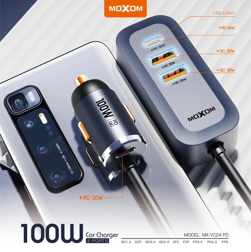 Moxom MX-VC24 Super Fast Car Charger Kit 100W Power Delivery PD + QC 3.0 Multi-Port Car Adapter Ultra-Fast Charging Wide Compatibility Input DC 12V–24V Ideal for Laptops, Tablets & Smartphones