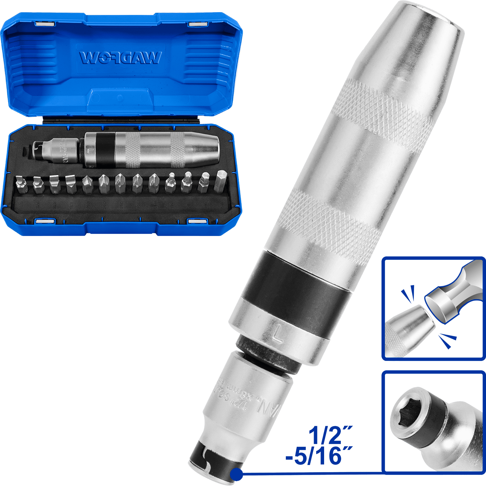 13-Piece Heavy-Duty Impact Driver Set with Cr-V Heat-Treated Bits – Includes 1/2"-5/16" Sleeve Adapter, Flat, Phillips & Hex Bits – Ideal for Loosening Rusted Screws and Bolts