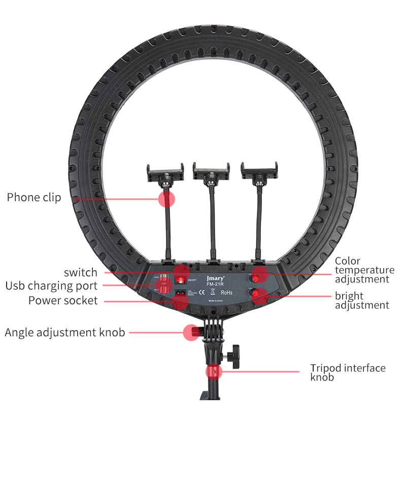 Jmary FM-21R 21-Inch Professional Selfie Ring Light – Large 52cm Outer Diameter with 160PCS LED Beads, Stepless Dimming, Adjustable Color Temperature 2900K–6500K