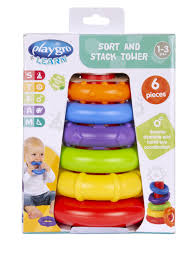 Playgro Sort and Stack Tower – Colorful Educational Baby Toy for Sorting, Stacking, and Learning Shapes, Sizes, and Colors – Encourages Cognitive Development