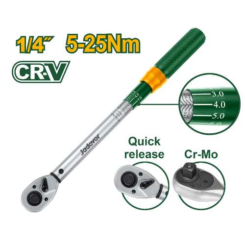 JADEVER JDWQ1D14 – Precision ¼″ Drive Preset Torque Wrench, 238 mm Length, 5–25 Nm Range, Chrome‑Plated Cr‑V/Cr‑Mo Steel Construction JADEVER JDWQ1D14 – Precision ¼″ Drive Preset Torque Wrench, 238 mm Length, 5–25 Nm Range, Chrome‑Plated Cr‑V/Cr‑Mo Steel Construction