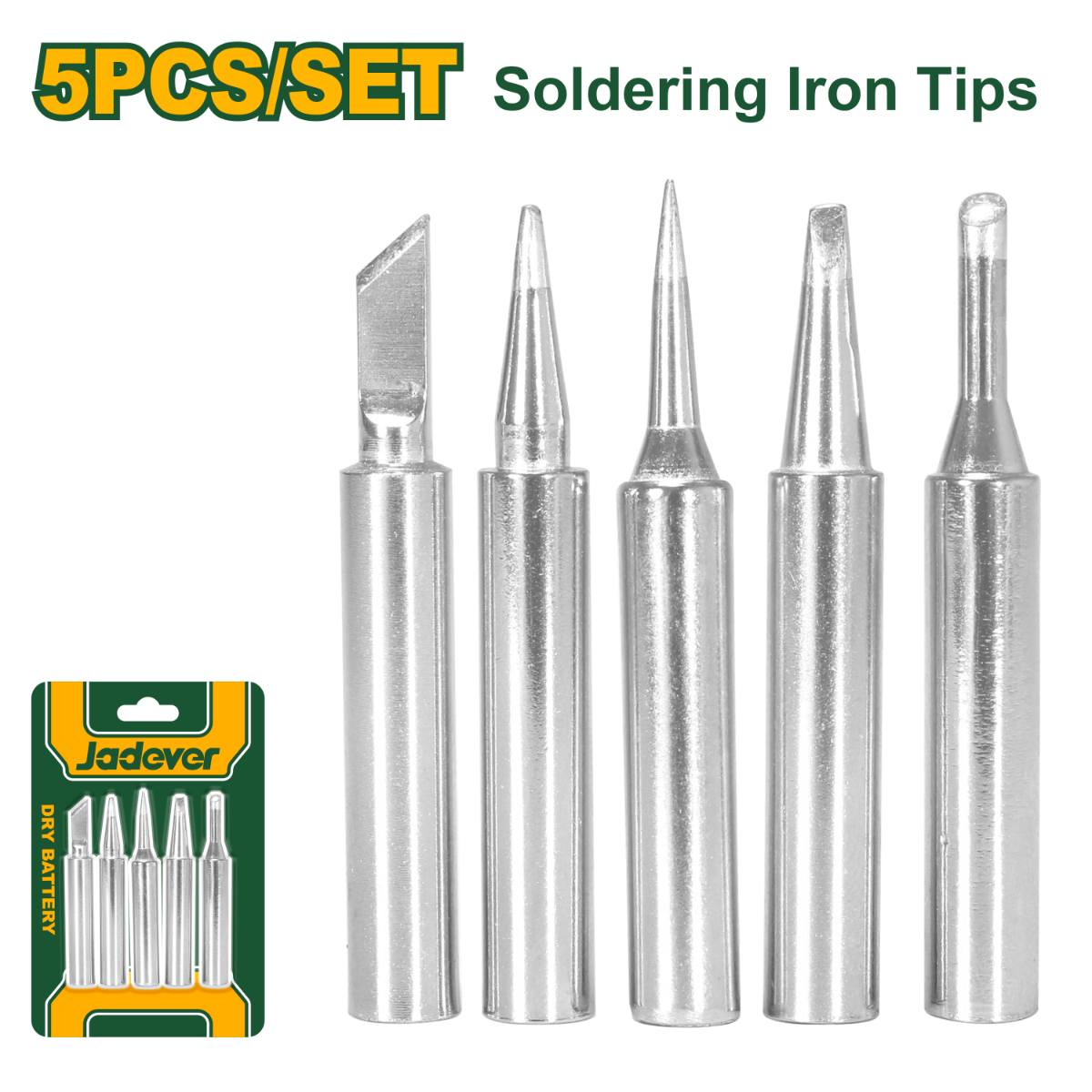 JADEVER JDEL8943 Premium 5-Piece Soldering Iron Tip Set โ Durable, High-Precision, Multi-Shape Replaceable Tips Compatible with JADEVER Soldering Stations JADEVER JDEL8943 Premium 5-Piece Soldering Iron Tip Set โ Durable, High-Precision, Multi-Shape Replaceable Tips Compatible with JADEVER Soldering Stations