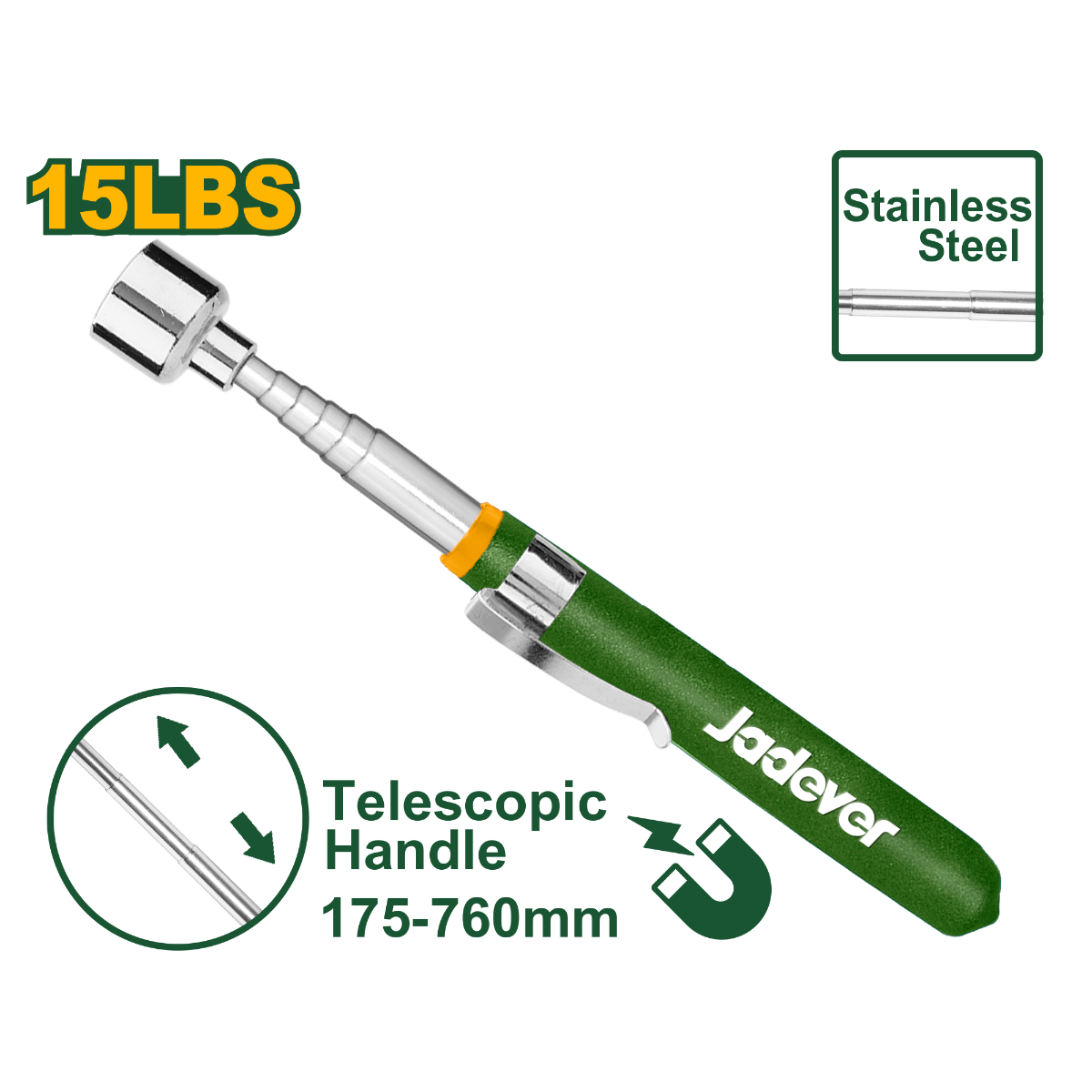 JADEVER Magnetic Telescopic Pick-Up Tool – Stainless Steel, 15 lbs Magnetic Power, Extendable 175–760 mm, PVC Handle for Industrial JADEVER Magnetic Telescopic Pick-Up Tool – Stainless Steel, 15 lbs Magnetic Power, Extendable 175–760 mm, PVC Handle for Industrial