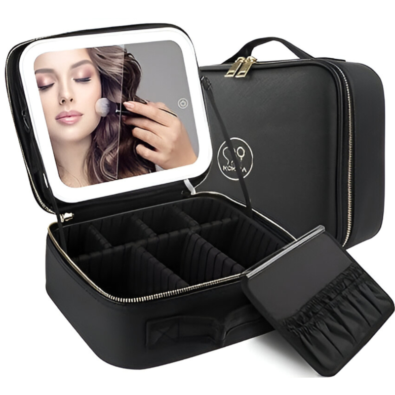 MAKEUP BOX ORGANIZER WITH MIRROR Leather Bag Makeup Mirror (Black)