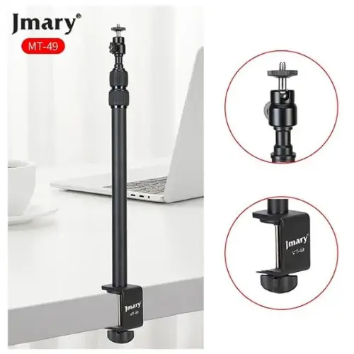 Jmary MT-49 Desk Mounting Stand – Adjustable 3-Section Foldable Arm for Smartphones, Cameras, and Accessories | 1/4" Screw Mount | Height Range 38.5–93.5cm