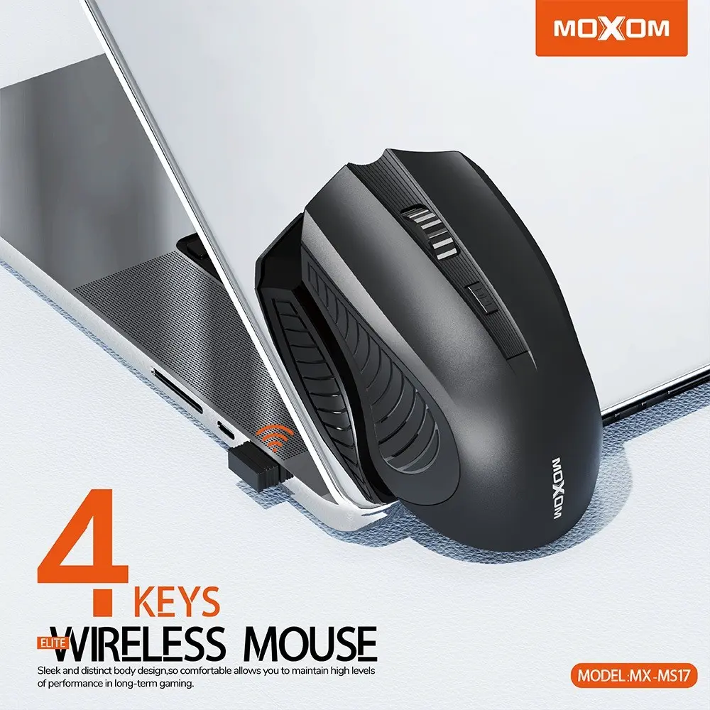 Moxom MX-MS17 Wireless High-Precision Optical Mouse with 4 Keys, Adjustable DPI (1200/2400/3200), Ergonomic Design, 2.4G Wireless Technology – Dimensions 45 x 140 x 90 mm