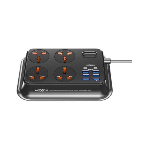 MOXOM MX-ST07 Smart Power Socket – 8-in-1 Charging Station with 6 USB-A Ports + 2 PD Type-C Ports, 2-Meter Cable, LED Power Indicator & Safety Power Button