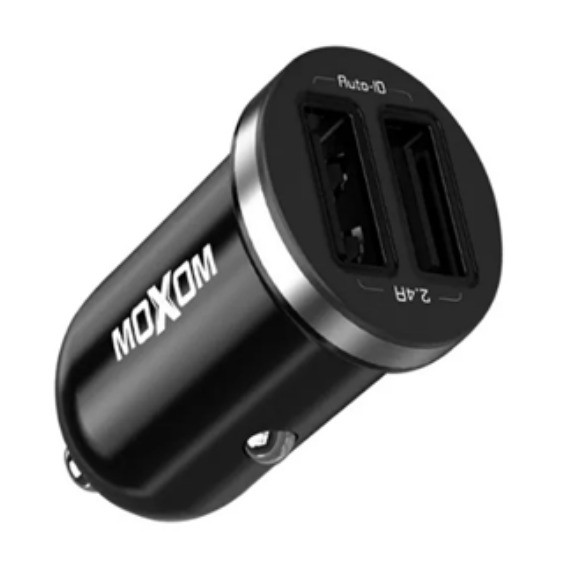 Moxom MX-VC10 Compact Car Charger Dual USB Output 12W Total Power 5V/2.4A Fast Charging Universal Compatibility Input DC12V–24V Sleek & Durable Design for Everyday Use