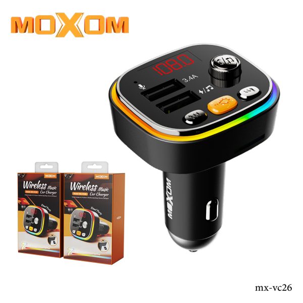 Moxom MX‑VC26 3‑in‑1 Car MP3 Bluetooth 5.0 Transmitter & Triple‑Port Fast‑Charge Hub — 2 × USB‑A + 1 × USB‑C (PD/QC) 3.4 A, Hands‑Free Calling, LCD Display, Built‑in Mic, 5 m Wireless Range