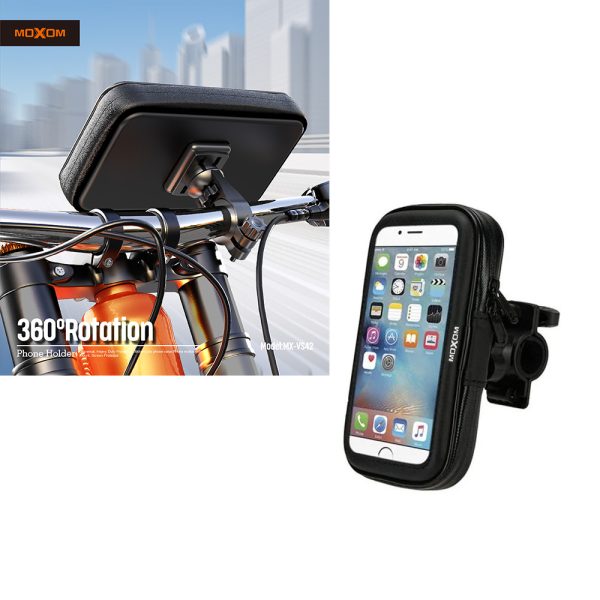 Moxom Rider MX‑VS42 Waterproof 360°‑Swivel Bike & Motorcycle Phone Mount Stand — Universal Hard‑Shell Holder with Adjustable Arm, Anti‑Shock Padding & Sensitive Touch Window for 5.5 – 7.2‑inch