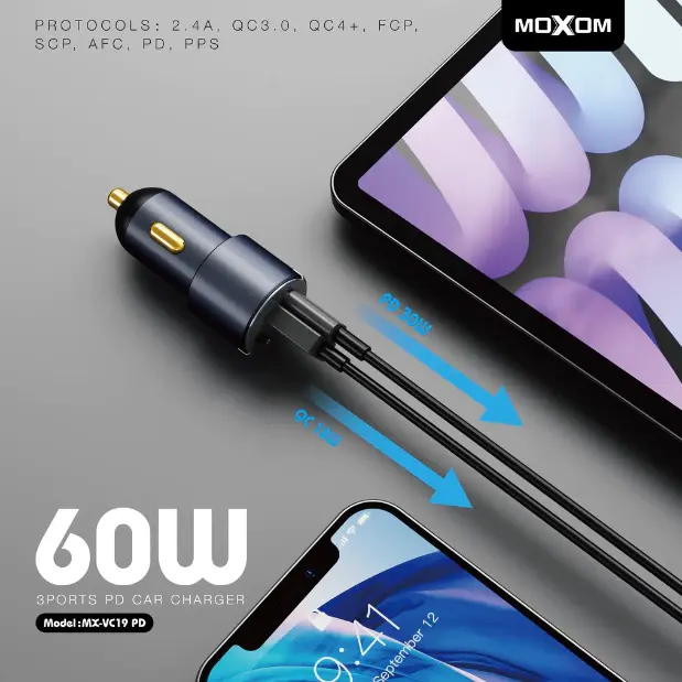 Moxom MX-VC23 PD 100W Dual Port Car Charger with Flash Magnetic Cable Ultra-Fast Charging Micro USB Output Built-in Magnetic Connector Dual-Port Smart Charging Sleek Grey Design