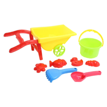Beach Wheelbarrow Toy Set for Kids – Model 830A | Includes Shovel, Scoop, Rake, Sieve, and Sand Molds | Durable Plastic Toys in Net Bag for Indoor & Outdoor Use