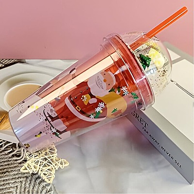 Christmas Water Tumbler 480ml Plastic SANTA wiht no word Glitter Double Walled Cup 3d Tree On Top