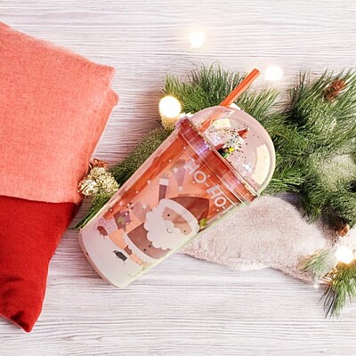Christmas Water Tumbler 480ml Plastic SANTA saying MERRY CHRISTMAS Glitter Double Walled Cup3d, Plastic Glitter Double Walled Cup 3D  Tumbler with Lid and Straw Xmas Confetti Insulated Straw Cup