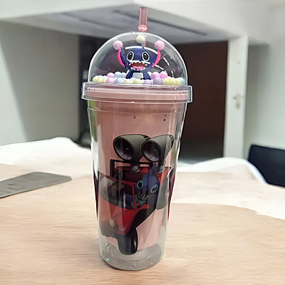 Stitch Water Tumbler 480ml Plastic Double wall with 3D , Tumbler with Lid and Straw Confetti Insulated Straw,  Stitch On Top (Pink)