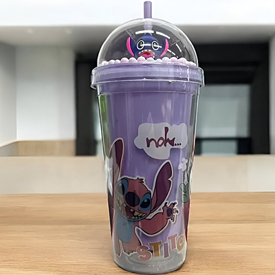 Stitch Water Tumbler 480ml Plastic Double wall with 3D , Tumbler with Lid and Straw Confetti Insulated Straw,  Stitch On Top  (Purple)