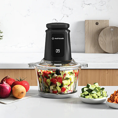 Nutricook Glass & Stainless Steel XXL Chopper and Mincer, 2L Capacity, Pulse & 2-Speed Settings, Durable Stainless Steel Blades, Anti-Slip Base, Easy-to-Use, Black – Model NC-CH2000