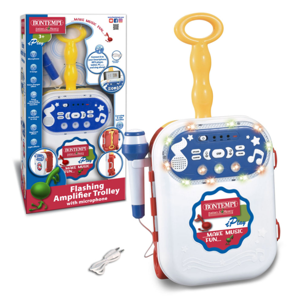 Bontempi Flashing Amplifier Trolley with Microphone – Portable Sound System with LED Lights, Built-in Speaker, and Handheld Microphone for Kids' Performances and Karaoke Fun Bontempi Flashing Amplifier Trolley with Microphone – Portable Sound System with LED Lights, Built-in Speaker, and Handheld Microphone for Kids' Performances and Karaoke Fun