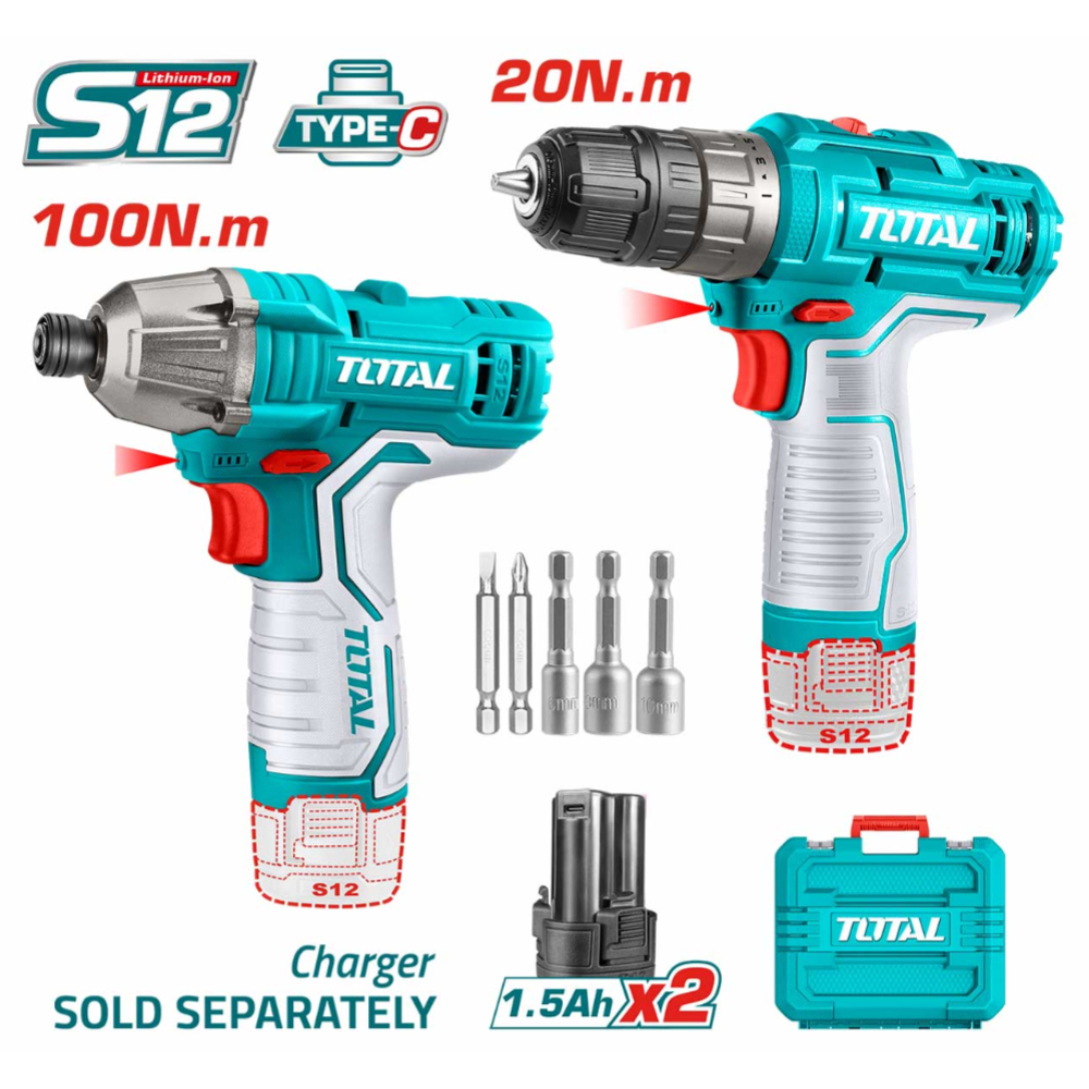 Total TOSLI240586 Li-Ion 2 Pcs Combo Kit – Versatile, High-Performance Cordless Drill & Driver Set for Professionals & DIY Enthusiasts Total TOSLI240586 Li-Ion 2 Pcs Combo Kit – Versatile, High-Performance Cordless Drill & Driver Set for Professionals & DIY Enthusiasts