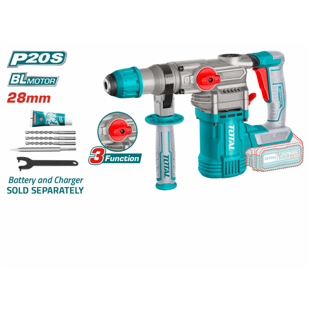 Total TRHLI20288 20V Industrial Lithium-Ion Rotary Hammer – High-Power Brushless Motor with SDS+ Chuck System Total TRHLI20288 20V Industrial Lithium-Ion Rotary Hammer – High-Power Brushless Motor with SDS+ Chuck System