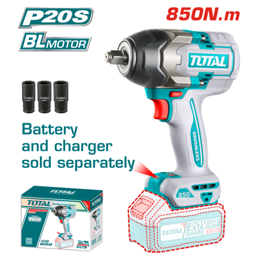 Total Cordless Impact Wrench with Brushless Motor – 850Nm | 1/2″ Drive – Battery & Charger Sold Separately (TIWLI20851) Total Cordless Impact Wrench with Brushless Motor – 850Nm | 1/2″ Drive – Battery & Charger Sold Separately (TIWLI20851)