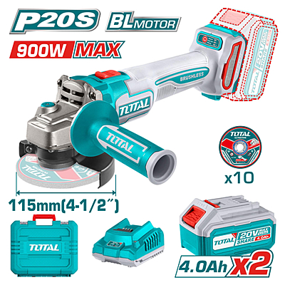 Total TAGLI211542 Cordless Angle Grinder with Brushless Motor, 20V Power, 115mm Disc, and 10 Pcs Abrasive Metal Cutting Discs - Includes 2 x 4.0Ah Batteries, Charger, and Carrying Case Total TAGLI211542 Cordless Angle Grinder with Brushless Motor, 20V Power, 115mm Disc, and 10 Pcs Abrasive Metal Cutting Discs - Includes 2 x 4.0Ah Batteries, Charger, and Carrying Case