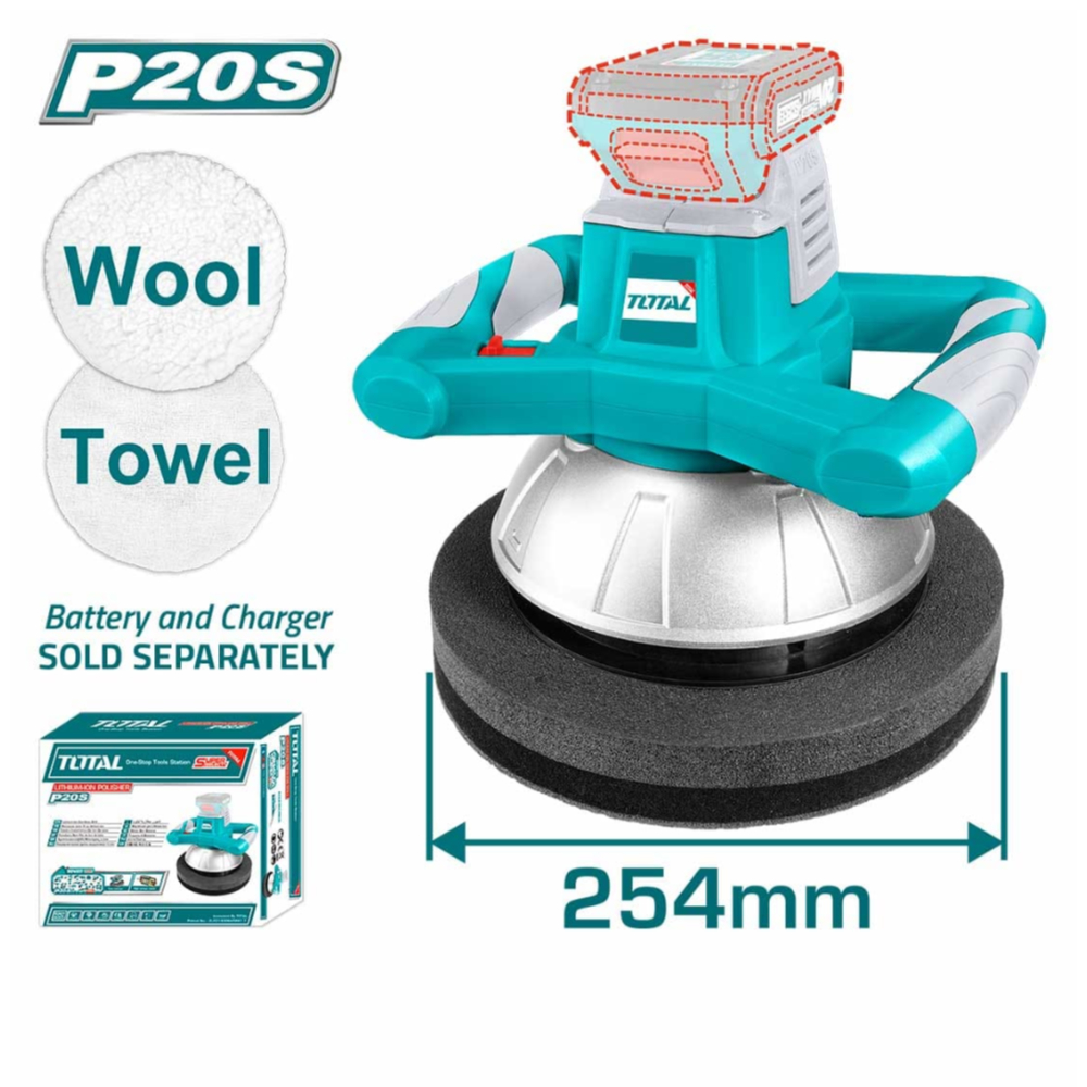 Total Lithium-Ion Polisher 20V with Polishing Towel and Wool Bonnet – TOPLI2001 | High-Performance Eccentric Polishing Tool for a Flawless Finish