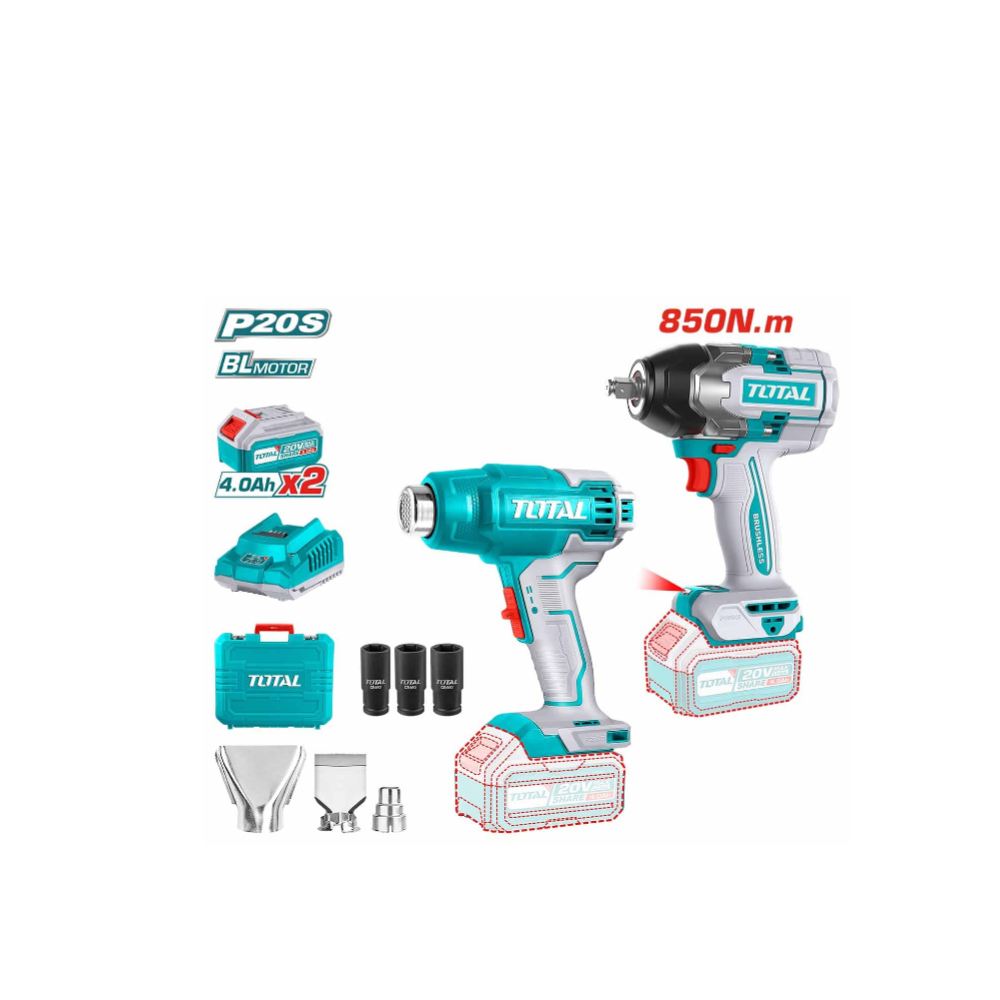 TOSLI240489 Li-ion 2 Pcs Combo Kit | Industrial Brushless Motor Impact Wrench & Heat Gun | Includes 2 x 20V 4.0Ah Batteries, Fast Charger, Sockets, Nozzles & LED Work Light TOSLI240489 Li-ion 2 Pcs Combo Kit | Industrial Brushless Motor Impact Wrench & Heat Gun | Includes 2 x 20V 4.0Ah Batteries, Fast Charger, Sockets, Nozzles & LED Work Light