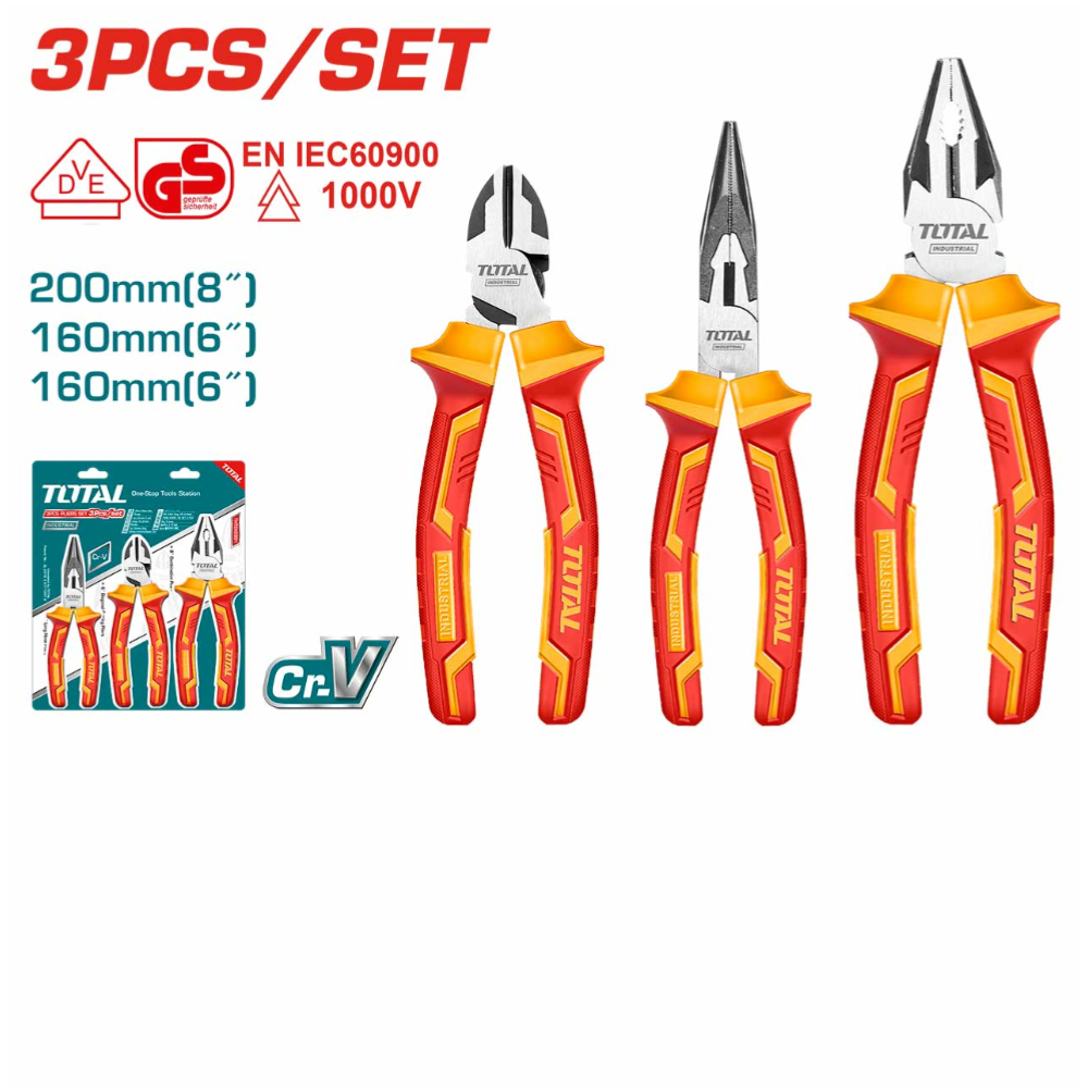 THT2K0302 3 Pcs Insulated Pliers Set โ VDE Approved, Chromium-Vanadium Steel for Maximum Safety and Durability THT2K0302 3 Pcs Insulated Pliers Set โ VDE Approved, Chromium-Vanadium Steel for Maximum Safety and Durability