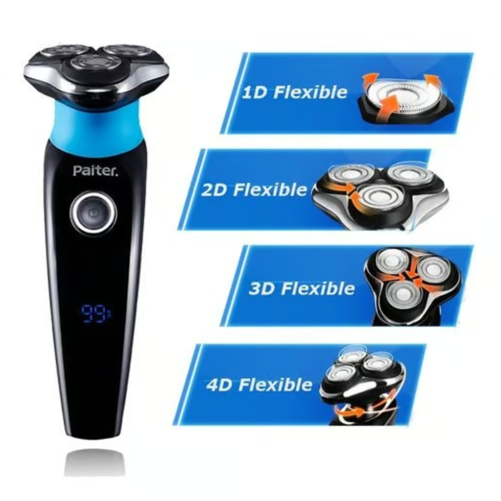 Paiter PS8628 Rechargeable Electric Hair Grooming Shaver Set for Men – 3D Rotary Shaver with 3 Shaving Heads, LED Battery Display, Adjustable Beard & Sideburn Styler, Detachable Blades