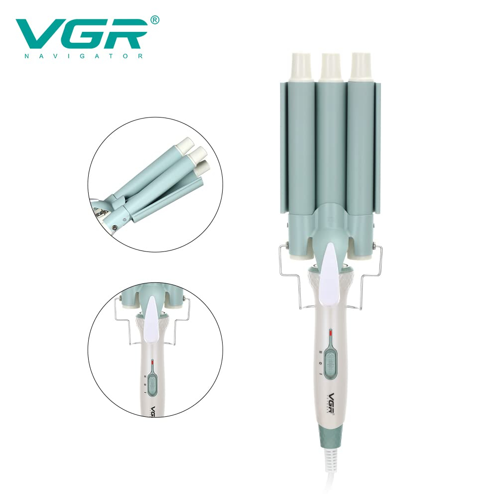 VGR V-595 Professional Electric Hair Curler 3-Barrel Ceramic Coated Hair Waver with Max 220°C Heat Adjustable Temperature Settings Lightweight Design (400g) Cool Tip & Dual Voltage