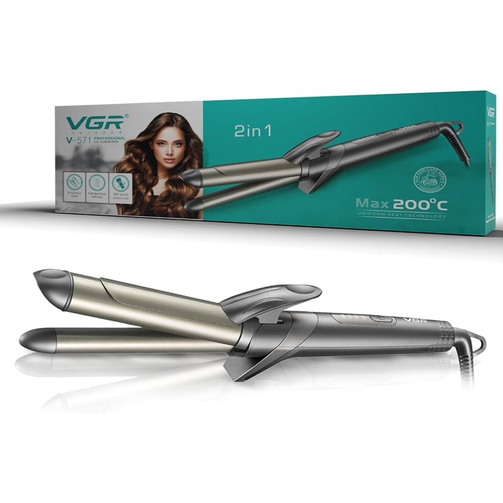VGR V-571 Professional 2-IN-1 Hair Curling Iron Dual 16/25mm Ceramic Barrel 200°C Max Temp with 4 Heat Settings Uniform Heat Tech, LED Indicator & 360° Swivel Cord
