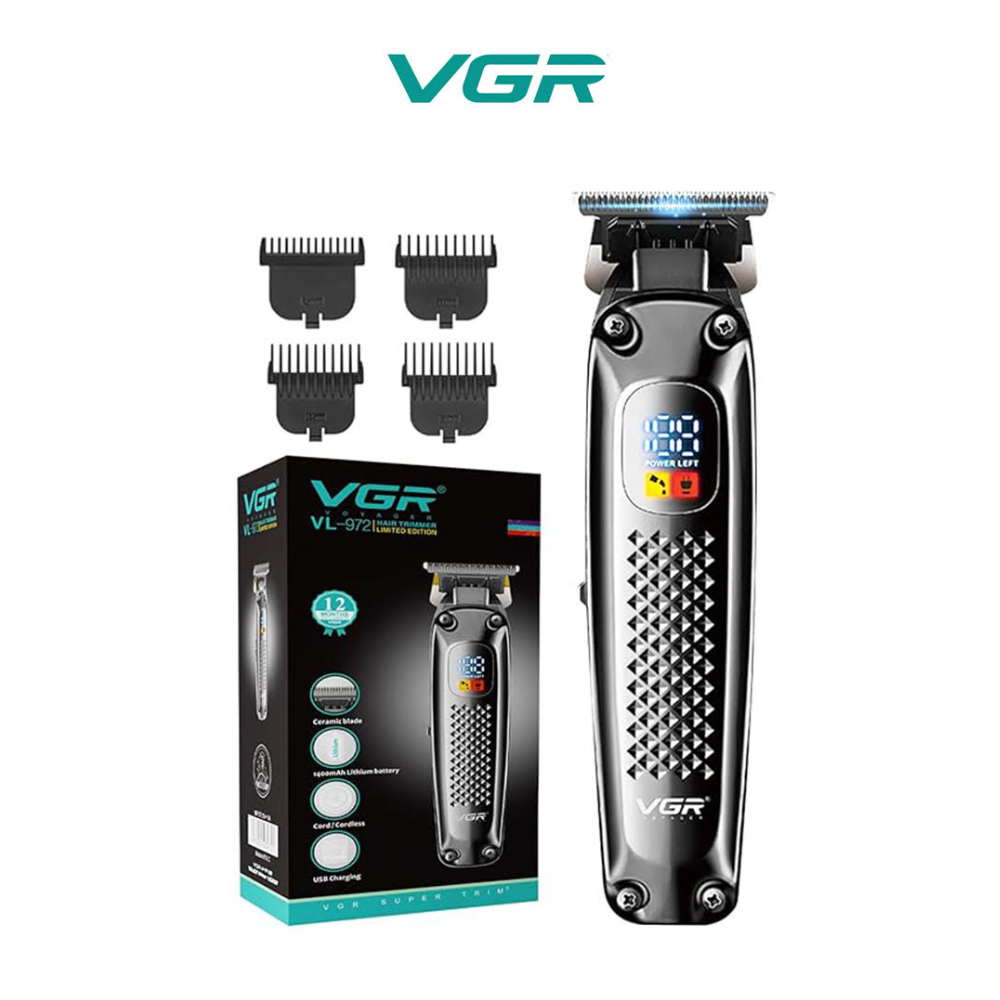 VGR V-972 Limited Edition Professional Hair Clipper for Men Digital LED Display Corded & Cordless Use 4 Cutting Combs Ceramic & Powder Metallurgic Blade 180-Min Runtime