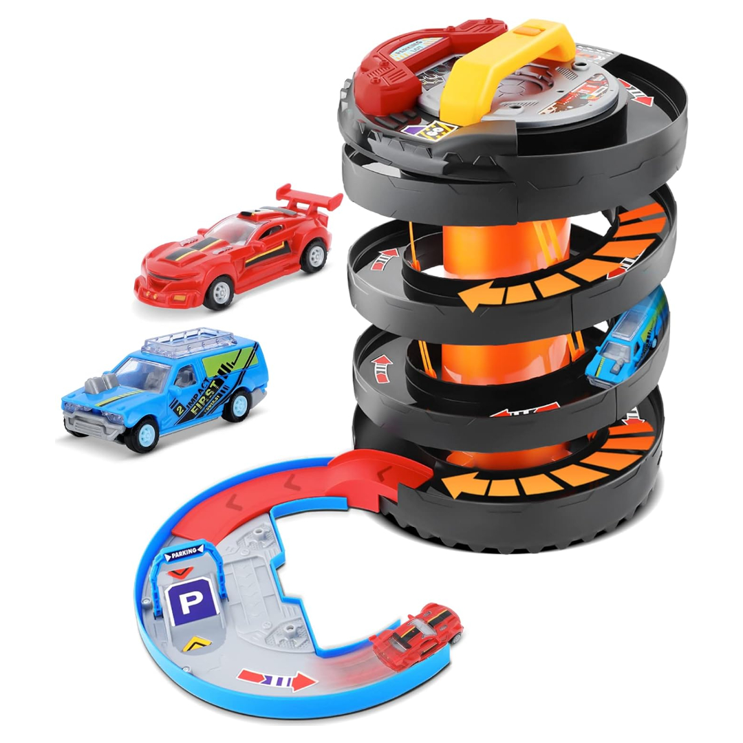 TOYS Parking Lot Storage Tires 6232 – Multi-Level Slot Car Race Track with 4-Floor Garage, Ramps, and 2 Mini Race Cars | Realistic Tire-Shaped Parking Lot Toy with Lights & Sounds