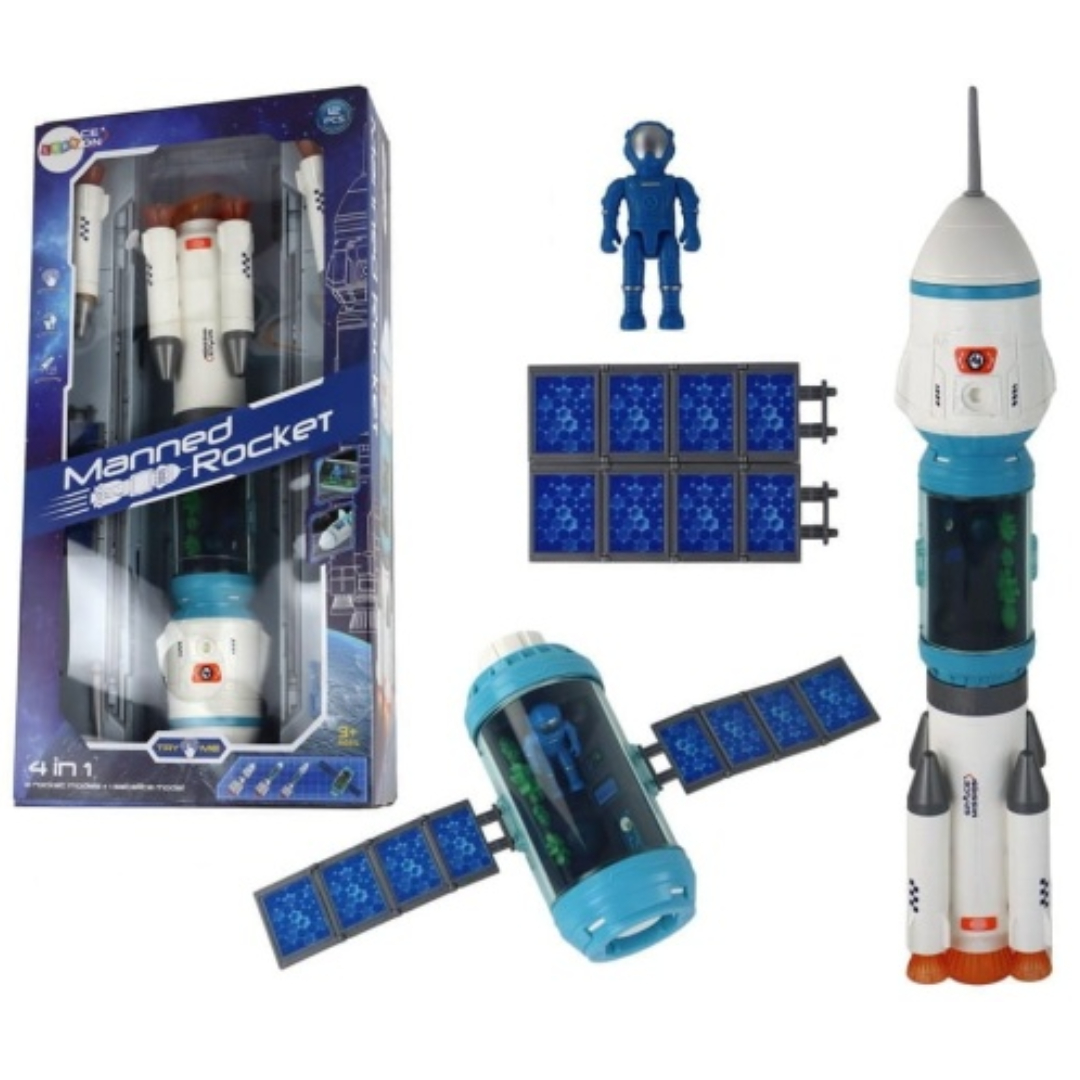Manned Rocket Set Toy 6240 – Realistic 12-Piece Space Exploration Launcher Playset for Kids Includes Rocket, Lab Module, Solar Panels, Astronaut & Touch-Activated Light & Sound Size: 50 x 11 x 9 CM