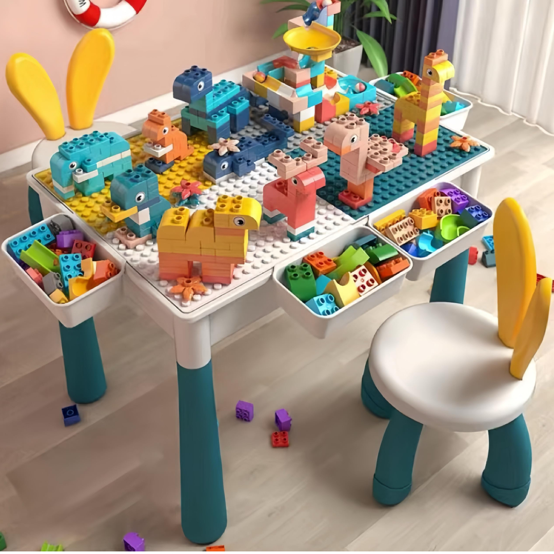 Block Table & 105 Slide Blocks & 1 Chair Set 6263 – Kids Activity Table with Storage Creative Play Building Block Set for Toddlers ABS Plastic Furniture for Children’s Room