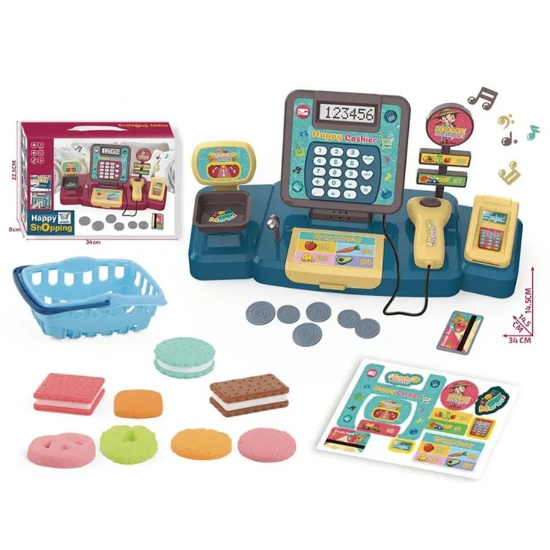 Cash Register Play Set for Kids – Interactive 16-Piece Pretend Play Supermarket Toy with Scanner, Calculator, Drawer, Sound & Light Educational Role Play Toy for Ages 3+ Blue 34 x 14.5 cm
