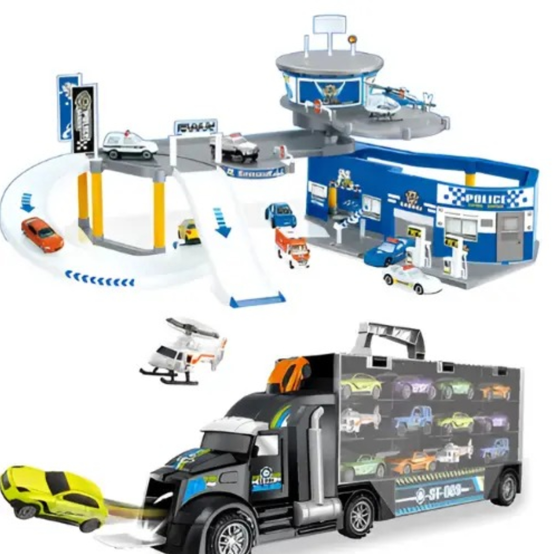 Electric Car Track Super Police Car Parking Toy – Super Truck Police Car Park Playset with 30 PCS Multi-Level Parking Garage, Tracks & Vehicles ABS Plastic Age 3+