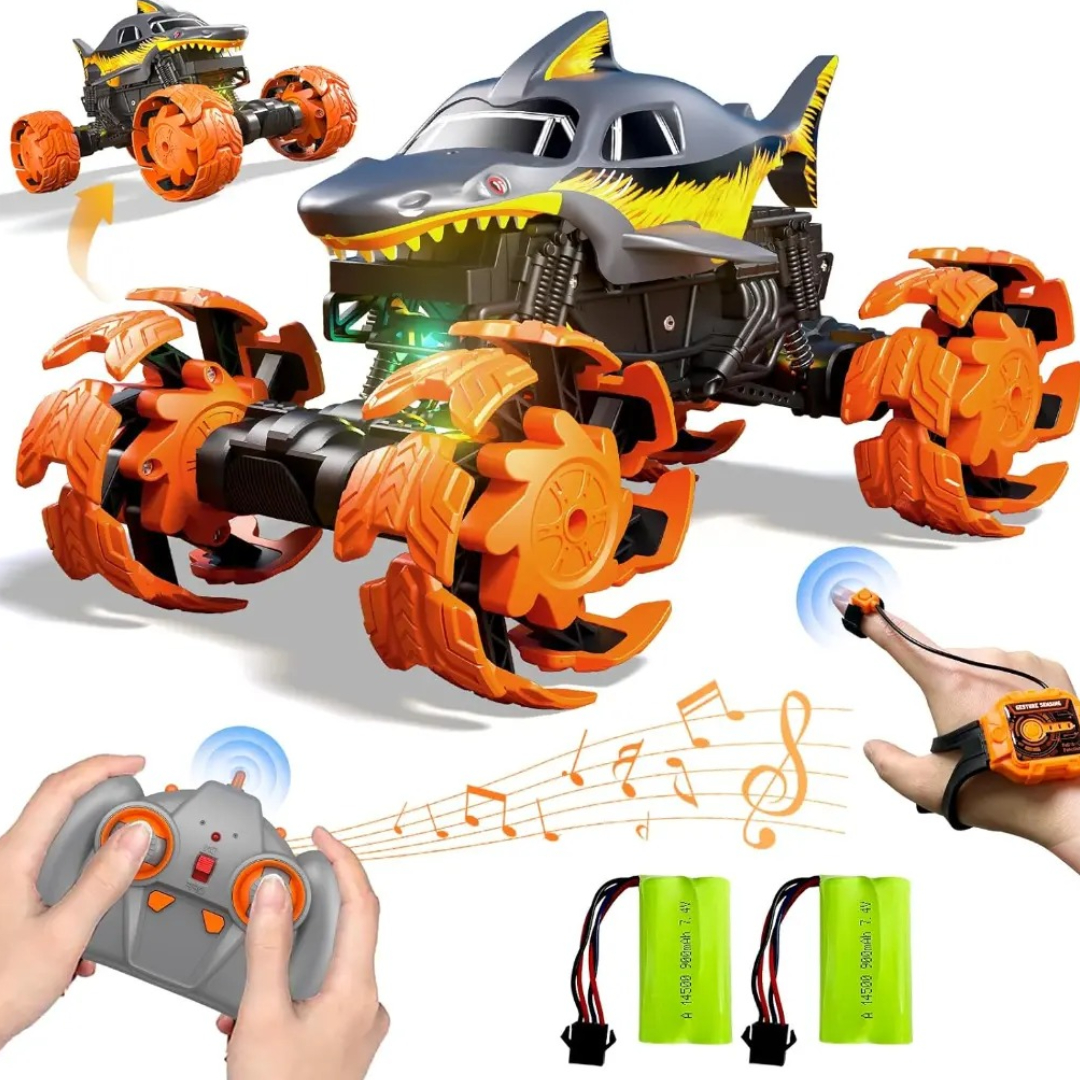 TOYS Hark Vehicle 6225 – Wind Fire Shark Off-Road RC Car with 360° Drift Stunt, Gesture Sensor, Dual Remote Control, Explosiod 4WD Wheels & Shock Absorbers 2.4G Power Gray & Orange Ages 2+