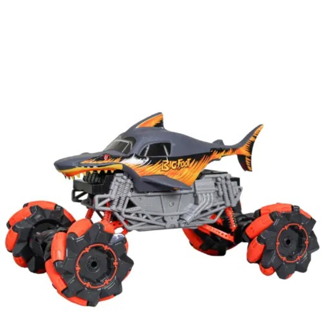 RC Monster Truck Shark by Vankico – Grey & Orange High-Speed Stunt RC Car for Kids 360° Rotation, Side & Diagonal Drift, 8-Direction Movement LED Lights