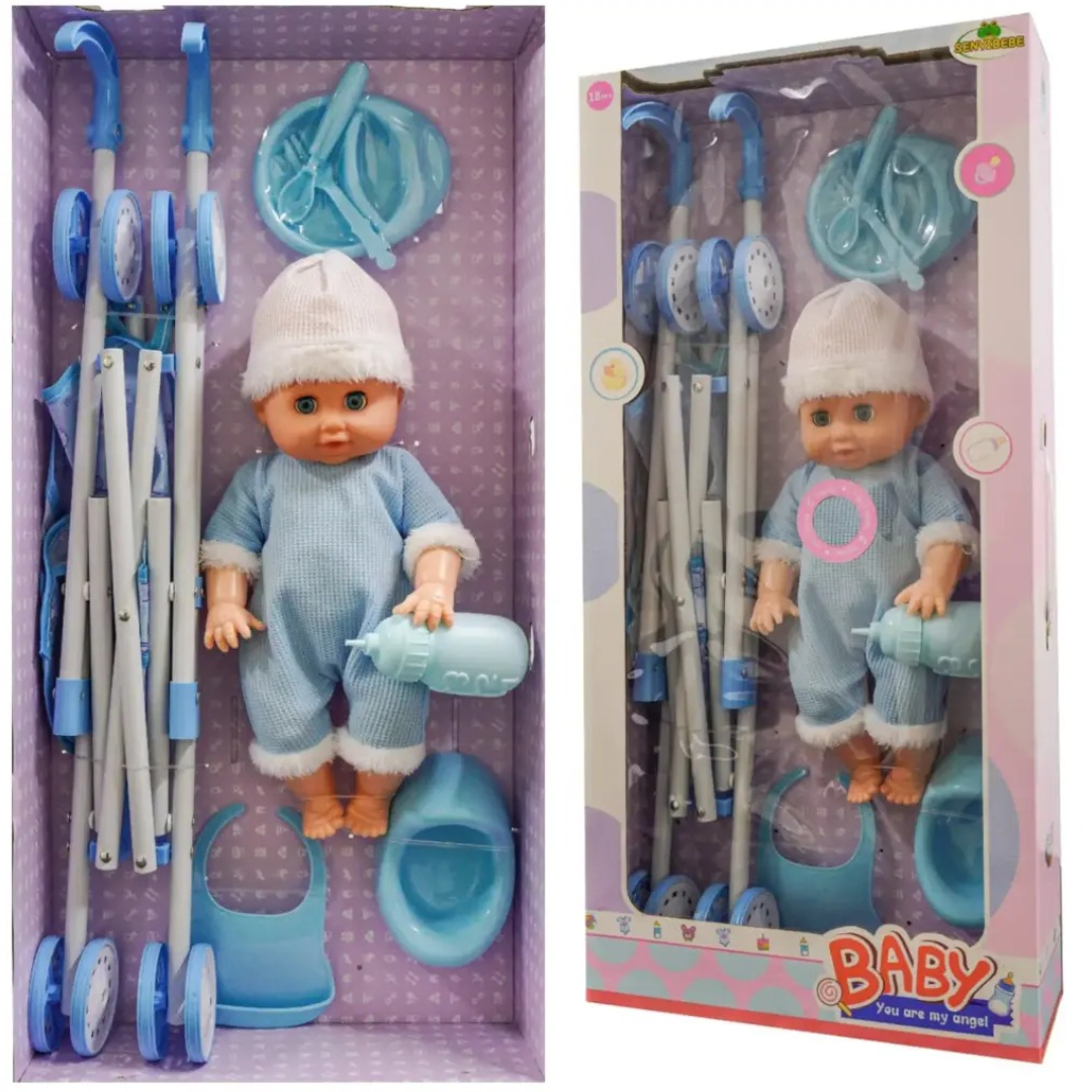 Male Doll 6282 – 15-Inch Realistic Baby Boy Doll with Live-Eyes & Accessories Blue Outfit Includes Milk Bottle, Scarf, Diaper, Urinal & 59cm Iron Cart 6-Tone IC Sounds ABS Plastic