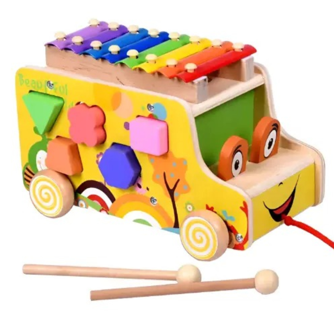 Musical Bus Toy Shape 7072 – Wooden Educational Music & Shape Sorting Bus for Toddlers Sound & Shape Learning Activity Toy Bright Colors, Durable Wood