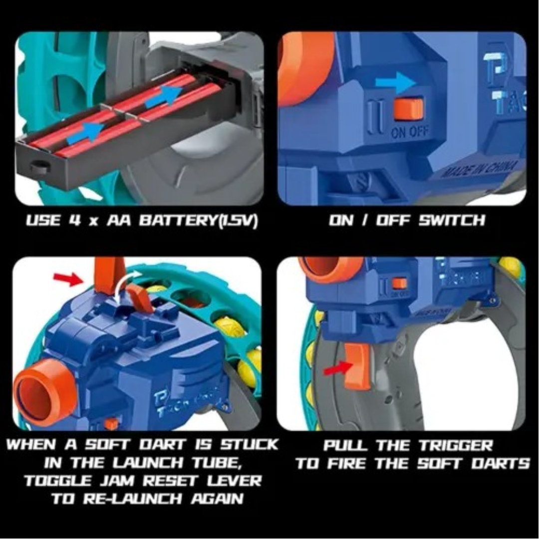 Electro Strike Power Ring Toy Blaster 6239 – Foam Dart Gun with Rotating Ring Blaster, 22 Soft Darts Included Battery-Operated Action Blaster for Kids Durable ABS Plastic Electro Strike Power Ring Toy Blaster 6239 – Foam Dart Gun with Rotating Ring Blaster, 22 Soft Darts Included Battery-Operated Action Blaster for Kids Durable ABS Plastic